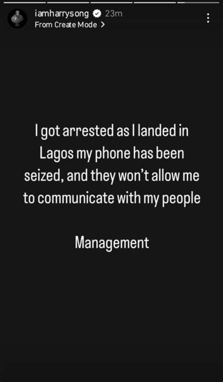 
Harrysong Confirms His Arrest In First Public Statement 